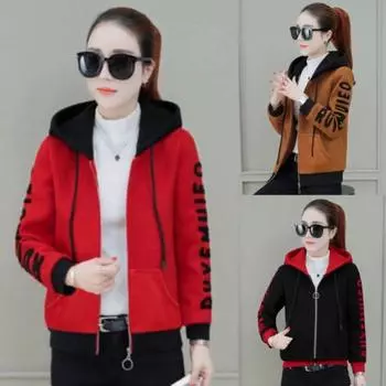 Женское свободное толстое пальто с капюшоном и застежкой-молнией с цветным контрастным принтом и длинными рукавами M верблюд