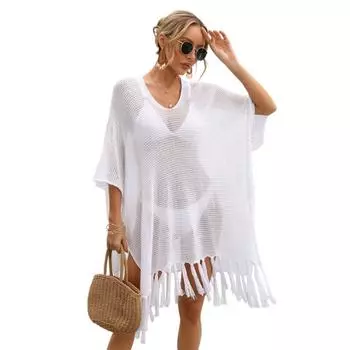 Женское свободное трикотажное пляжное платье с кисточками, однотонное, сексуальное, ажурное, прозрачное, с длинным рукавом, солнцезащитное, накидка
