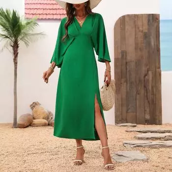 Женское свободное удобное повседневное и модное летнее однотонное платье с разрезом и V-образным вырезом и длинными рукавами M зелёный