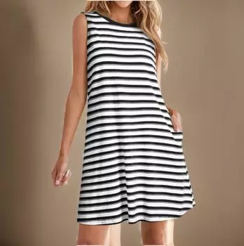 Женское свободное удобное повседневное и модное платье без рукавов в полоску и клетку L чёрный