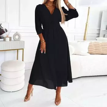 Женское свободное удобное повседневное модное платье с V-образным вырезом, затянутой талией, однотонное, с большим подолом, сексуальное L чёрный