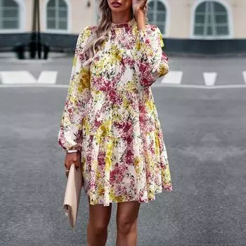 Женское свободное универсальное повседневное короткое платье с круглым вырезом и длинным рукавом с цветочным принтом S зелёный