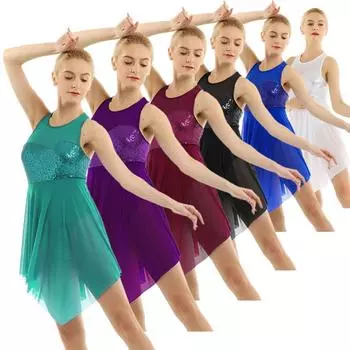 Женское танцевальное платье без рукавов с блестящими блестками, платье-трико для фигурного катания, художественной гимнастики, лирического балета, танца XL синий