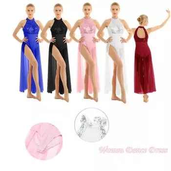 Женское танцевальное платье, современная танцевальная одежда, купальник с лямкой на шее и блестками, сетчатый тюль, длинная юбка макси XS чёрный