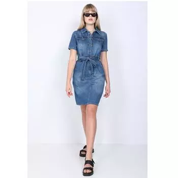 Женское темно-синее джинсовое платье с коротким рукавом и поясом