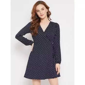 Женское темно-синее креповое платье с запахом и принтом в горошек S