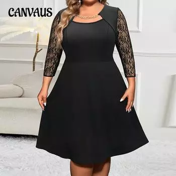 Женское темпераментное элегантное кружевное платье больших размеров, осеннее платье А-силуэта средней длины с приталенной талией 1XL чёрный