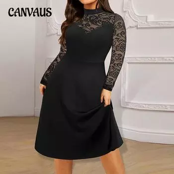 Женское темпераментное элегантное кружевное платье больших размеров с длинными рукавами, свободное платье А-силуэта средней длины 1XL чёрный