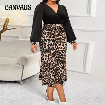 Женское темпераментное элегантное платье с леопардовым принтом больших размеров с длинными рукавами, осенние платья с V-образным вырезом и длинными рукавами 1XL цветной печати леопарда