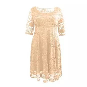 Женское темпераментное кружевное повседневное однотонное платье с круглым вырезом и рукавом три четверти большого размера XXL бежевый