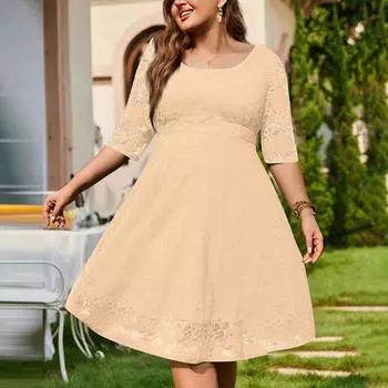 Женское темпераментное кружевное повседневное однотонное платье с круглым вырезом и рукавом три четверти большого размера XXXXXXL бежевый