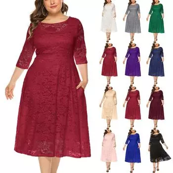 Женское темпераментное кружевное повседневное однотонное платье с круглым вырезом и рукавом три четверти большого размера XXXL зелёный