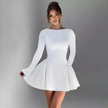 Женское темпераментное маленькое платье с круглым вырезом 2025 года, осень-зима, новое облегающее однотонное платье для женщин S белый