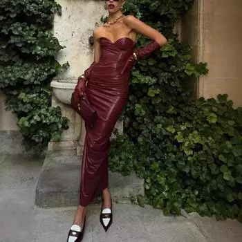 Женское темпераментное модное платье из искусственной кожи с нагрудным ремнем и разрезом, с узкой талией, длинное платье S бордовый