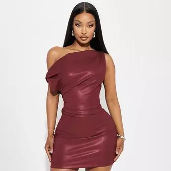 Женское темпераментное модное платье из искусственной кожи, однотонное, с косым плечом, с утягивающей сумкой и ягодицами, короткое платье S чёрный