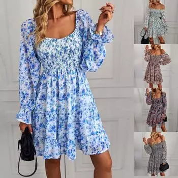 Женское темпераментное модное платье Simia с цветочным принтом и длинными рукавами S синий