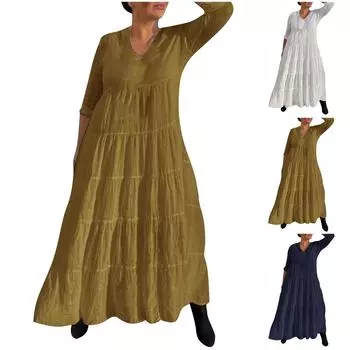 Женское темпераментное однотонное свободное платье с v-образным вырезом, повседневное платье, платье XL коричневый