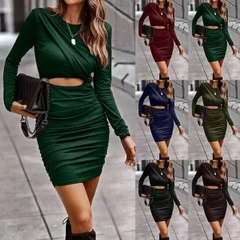 Женское темпераментное осенне-зимнее плиссированное полое сексуальное платье с длинными рукавами нерегулярной формы S