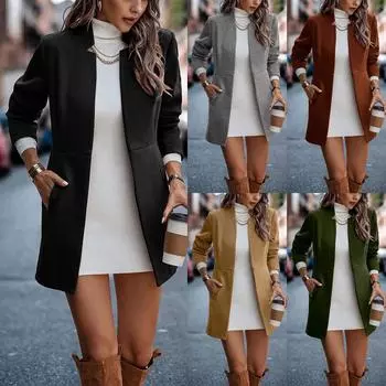 Женское темпераментное осенне-зимнее сплошное тонкое тонкое пальто с карманами и длинными рукавами L хаки