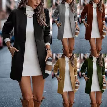 Женское темпераментное осенне-зимнее сплошное тонкое тонкое пальто с карманами и длинными рукавами S винный