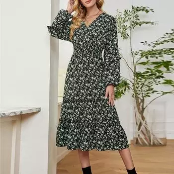 Женское темпераментное платье с цветочным принтом, повседневное сексуальное длинное платье с v-образным вырезом и рукавами чёрный