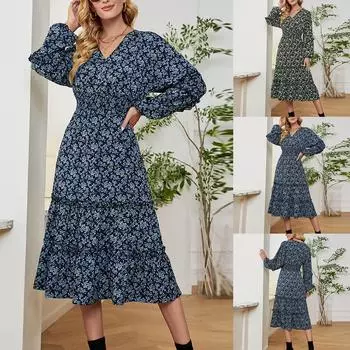 Женское темпераментное платье с цветочным принтом, повседневное сексуальное длинное платье с v-образным вырезом и рукавами M чёрный