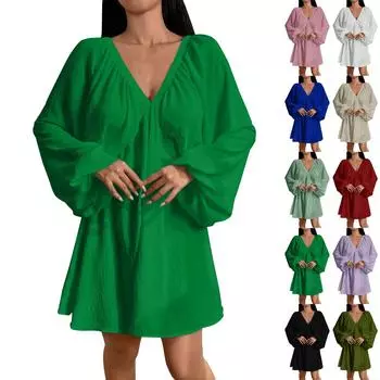 Женское темпераментное платье с глубоким V-образным вырезом, сексуальное, с длинными рукавами, рукавами-фонариками, однотонное, с большим свободным кроем L армия зеленый