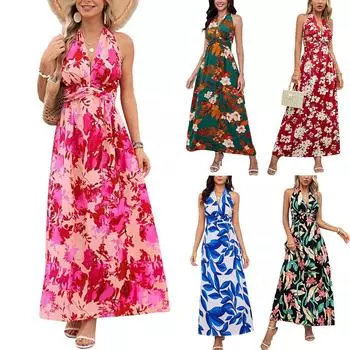 Женское темпераментное платье с принтом на шее в стиле бохо. Пляжное платье макси. L чёрный