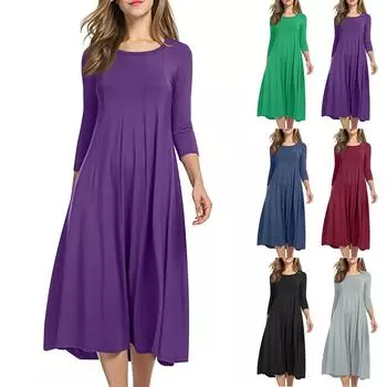 Женское темпераментное платье свободного кроя с круглым вырезом и рукавом три четверти L чёрный