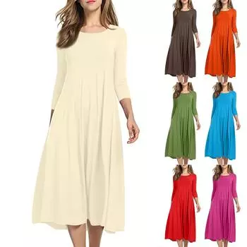 Женское темпераментное платье свободного кроя с круглым вырезом и рукавом три четверти L бежевый