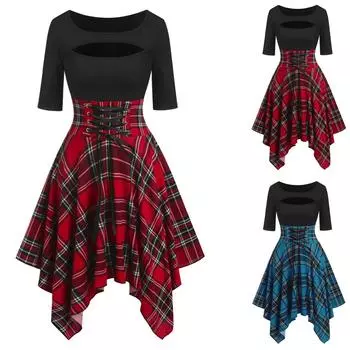 Женское темпераментное платье в клетку с круглым вырезом и полым рукавом с принтом L красный