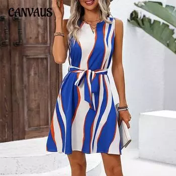 Женское темпераментное полосатое облегающее платье в праздничном стиле с поясом, разрезом на шее, юбкой-жилетом А-силуэта S разноцветный