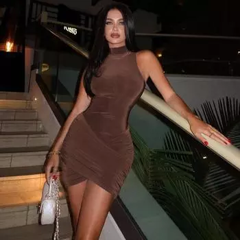 Женское темпераментное сексуальное облегающее платье с высоким воротом, однотонное плиссированное облегающее платье для женщин, вечерние платья S темно-коричневого