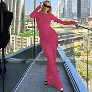 Женское темпераментное узкое платье с круглым вырезом и длинными рукавами S чёрный