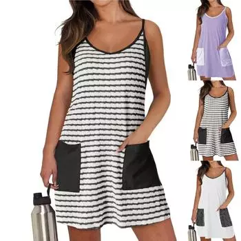 Женское теннисное платье, повседневное, в полоску, спортивное, без рукавов, летнее, с вшитыми шортами L чёрный