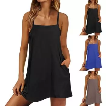 Женское теннисное платье, тренировочное платье с шортами, без рукавов, на тонких бретельках, спортивные платья для гольфа M хаки