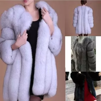 Женское теплое пальто из искусственного меха лисы, длинная зимняя меховая куртка, женская элегантная верхняя одежда