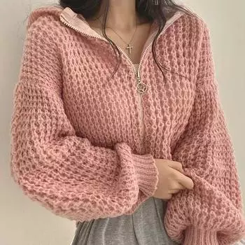 Женское теплое пальто с капюшоном на молнии, вязаное пальто с полыми рукавами-фонариками и воротником-поло, свободные повседневные куртки для женщин 2023, осень-зима One Size абрикосовый