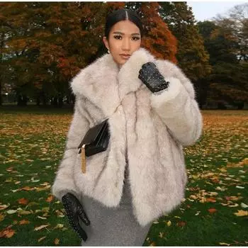 Женское теплое пушистое пальто из искусственного меха, женское повседневное толстое пальто с отложным воротником и длинными рукавами, женская винтажная уличная верхняя одежда 2023 L бежевый