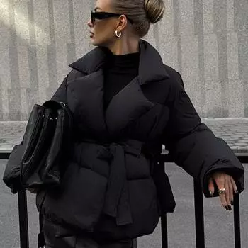 Женское теплое утолщенное свободное пальто на шнуровке осень-зима однотонная куртка с карманами на пуговицах повседневная верхняя одежда для улицы S чёрный