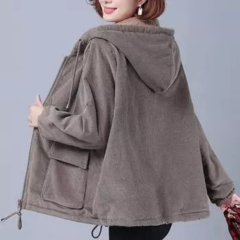 Женское теплое вельветовое пальто с капюшоном, модная короткая куртка из толстого бархата большого размера, верхняя одежда из хлопка на молнии для женщин M