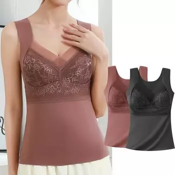 Женское термобелье, жилет, зимняя флисовая подкладка, рубашки со встроенным бюстгальтером, без рукавов, кружевной теплый топ, базовый слой L чёрный