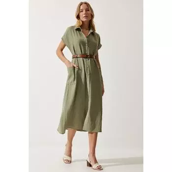 Женское тканое платье цвета хаки с поясом Mx00155