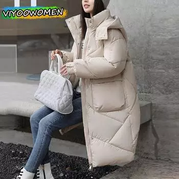 Женское толстое длинное пуховое пальто с капюшоном, зимняя куртка, одежда, парки для женщин, уличная корейская одежда, ветровка, тренчкот M бежевый