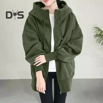 Женское толстое пальто для осени и зимы, теплая однотонная флисовая куртка средней длины с карманами, свободное пальто с капюшоном на молнии для повседневной носки M чёрный