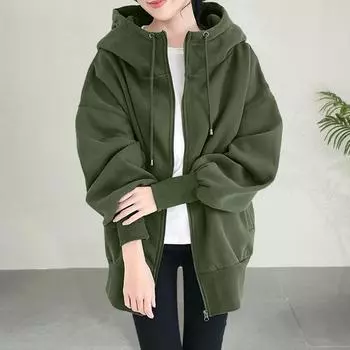 Женское толстое пальто для осени и зимы, теплая однотонная флисовая куртка средней длины с карманами, свободное пальто с капюшоном на молнии для повседневной носки M темно-серого