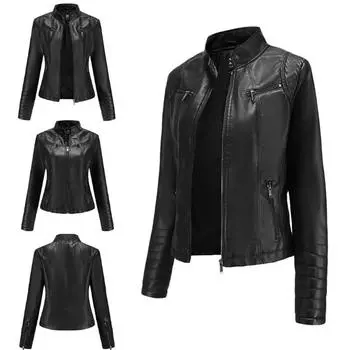 Женское толстое теплое пальто с капюшоном из искусственной кожи на молнии Короткая кожаная куртка Байкерское пальто Женская кожаная куртка Женская темпераментная куртка-стойка из искусственной кожи S красный