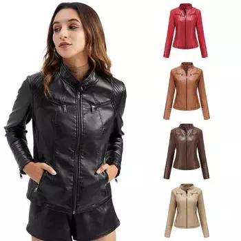 Женское толстое теплое пальто с капюшоном из искусственной кожи на молнии Короткая кожаная куртка Байкерское пальто Женская кожаная куртка Женская темпераментная куртка-стойка из искусственной кожи S красный