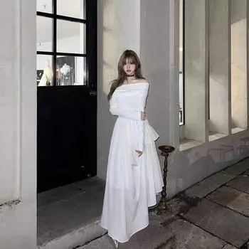 Женское тонкое белое длинное платье с талией, новое весеннее маленькое высококачественное осеннее платье с длинными рукавами во французском стиле с открытыми плечами S белый