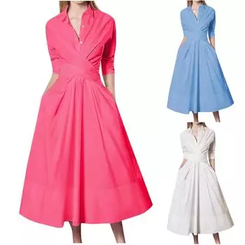 Женское тонкое однотонное платье с завышенной талией и воротником-поло с завязками для поездок на работу L синий